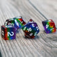 Rainbow Layered Plastic Dice Set closeup.