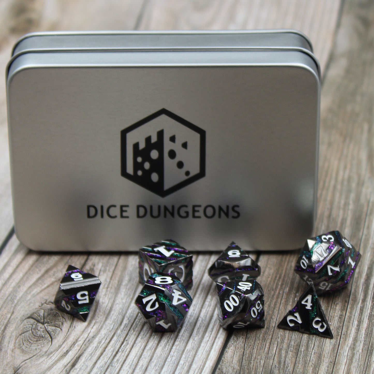 Box and dice for blakc striped metal dice.