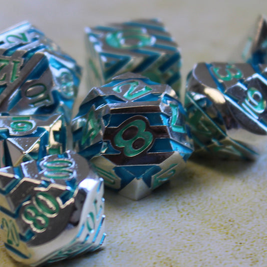Metal Silver & Blue Stripped Dice Set for Dnd