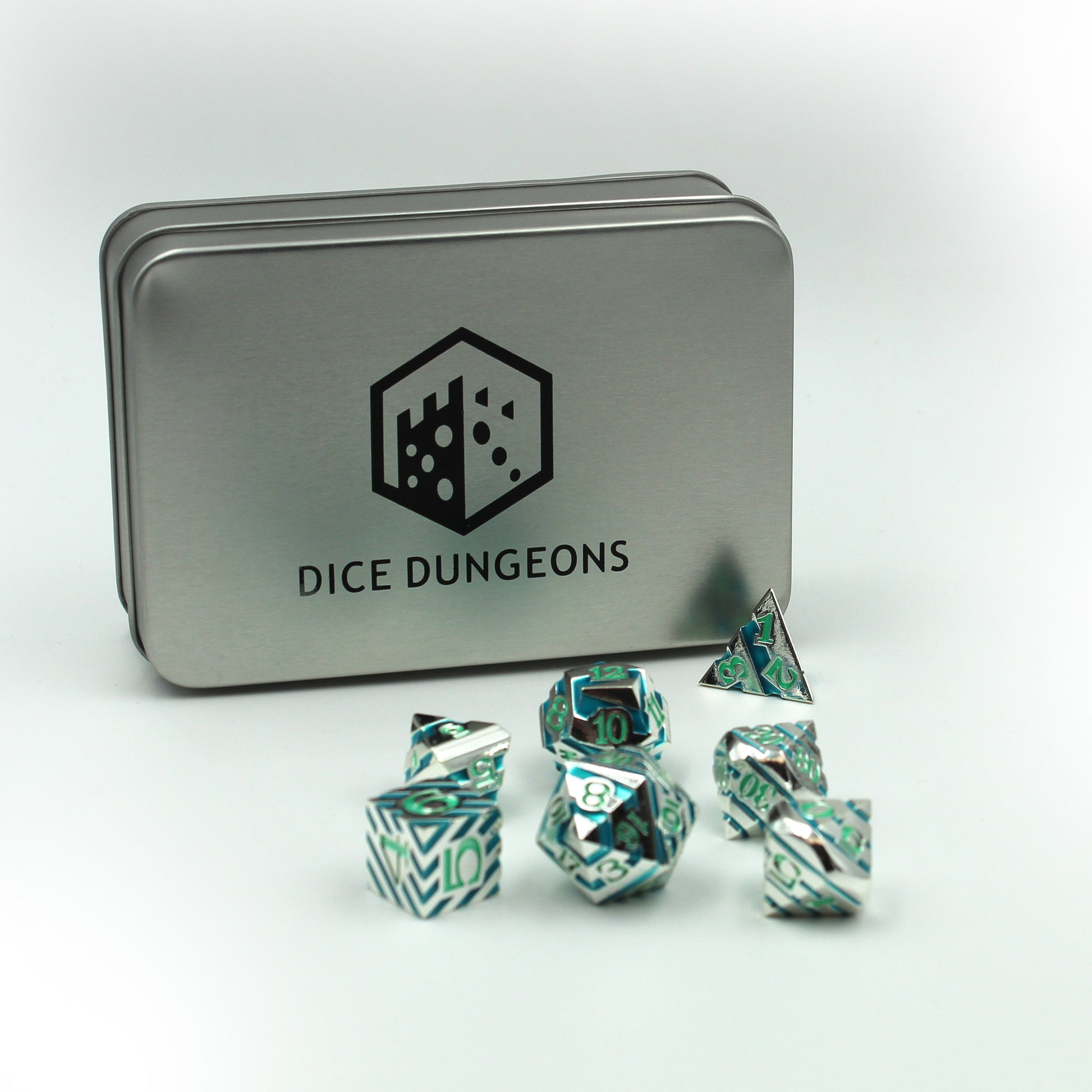 Metal Silver & Blue Stripped Dice Set with Box