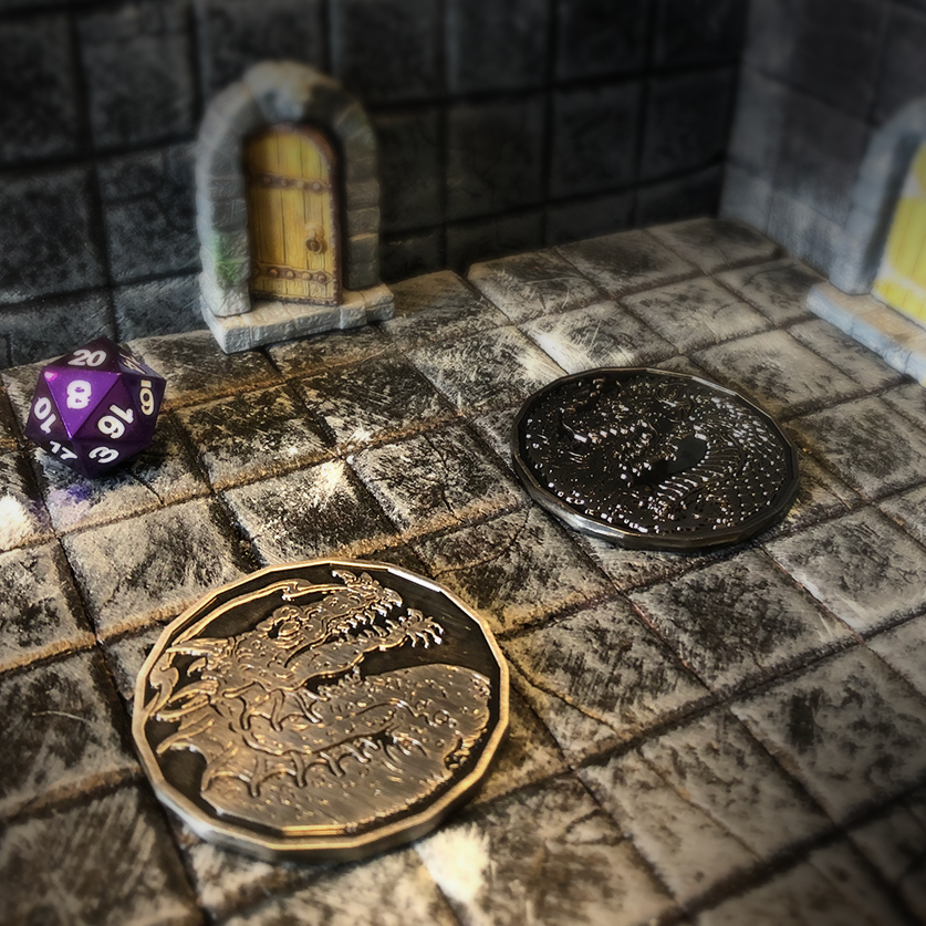 2 inch Dragon Coins on Dungeon Tiles