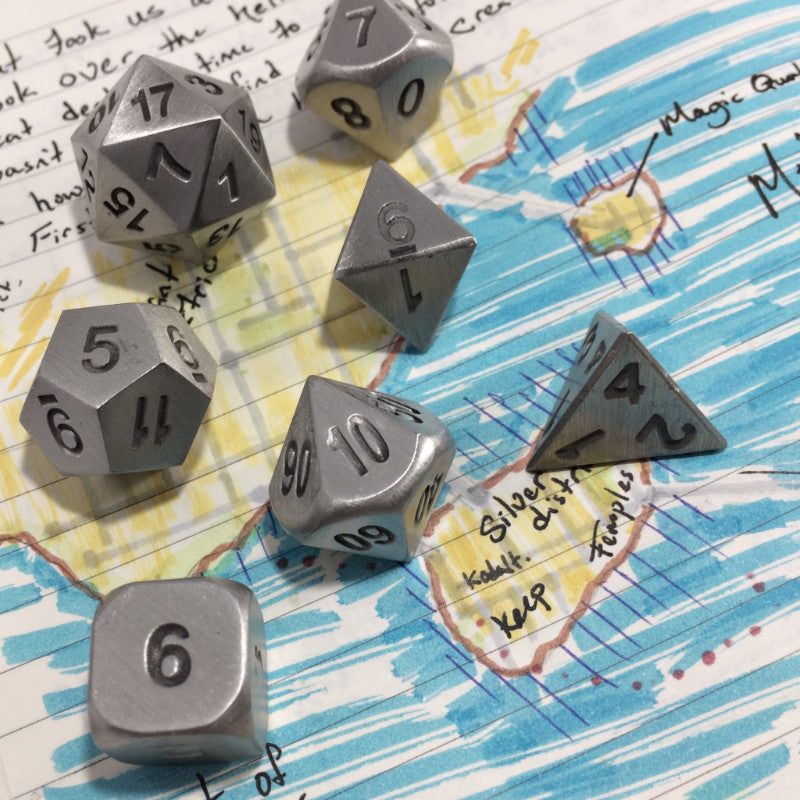 Brushed Steel Color Dice Set on a Map