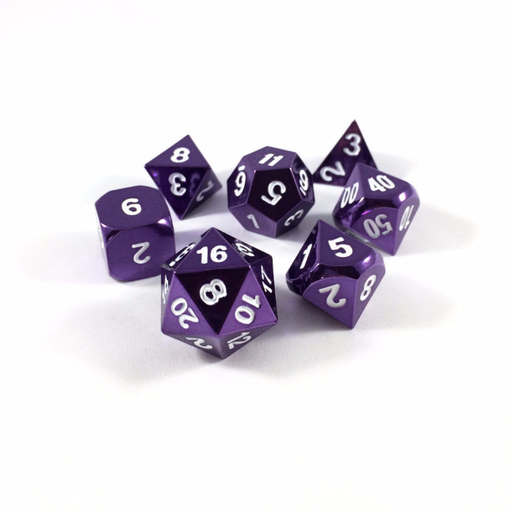 Solid metal rpg dice with purple finish and white numberings
