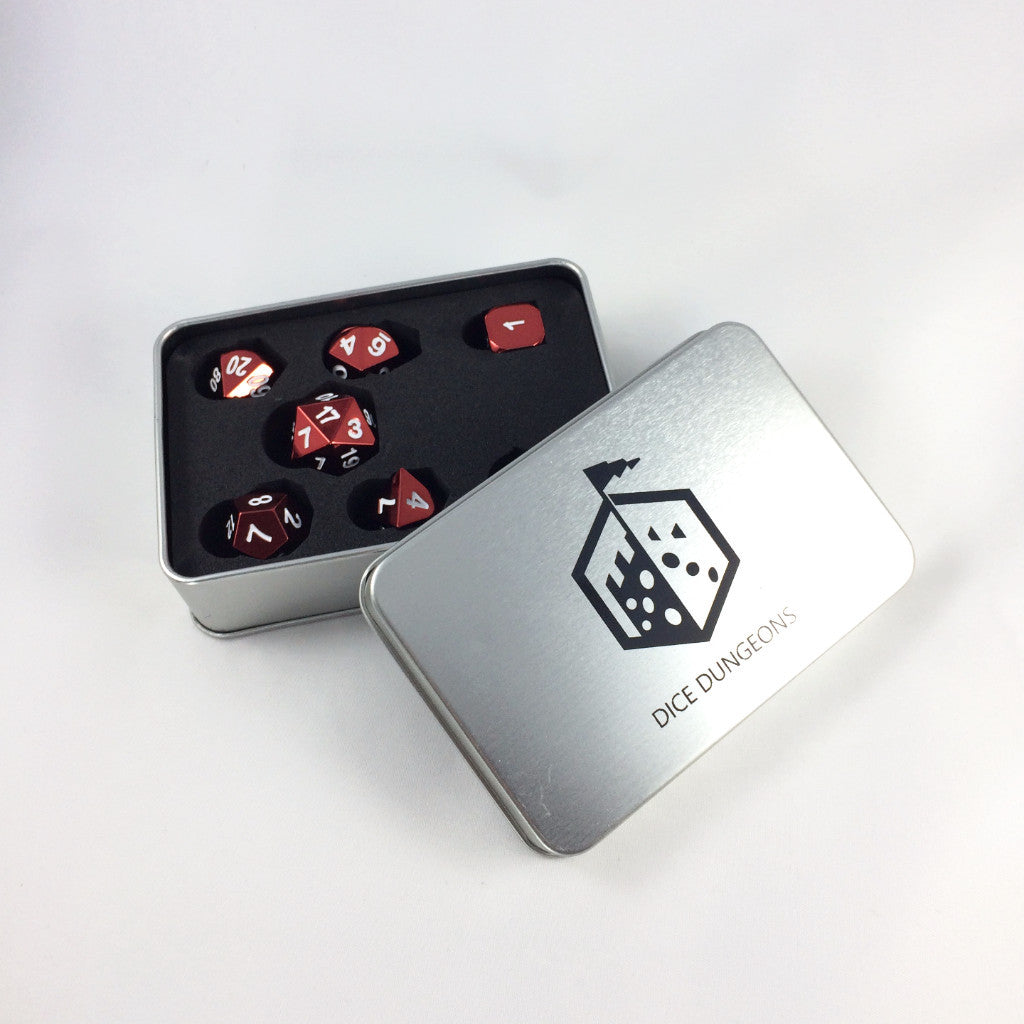 Solid metal red rpg dice inside display case